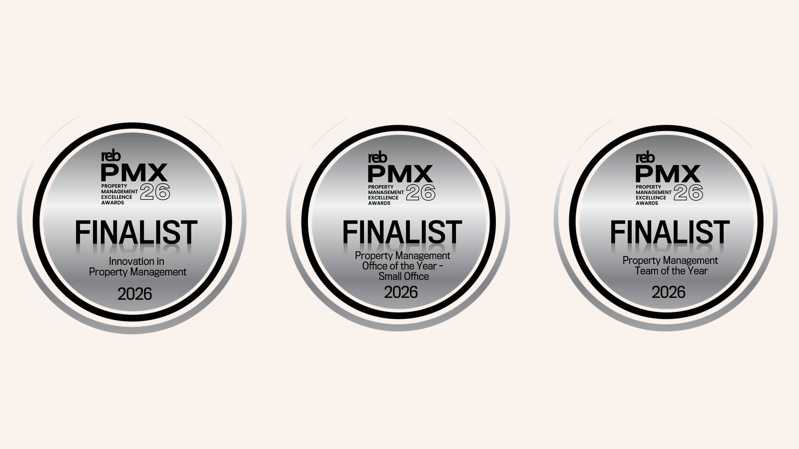 REB Property Management Excellence Awards 2026 finalist seals for The Gallery Real Estate: Innovation in Property Management, Office of the Year Small Office and Team of the Year